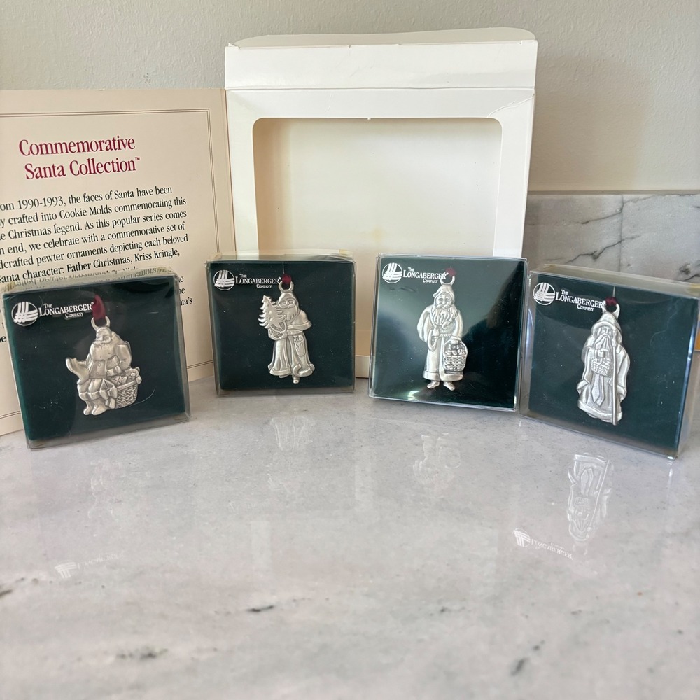 Vintage Longaberger Pewter Santa Ornaments Set of 4 1990s 2.25" Gift Tags